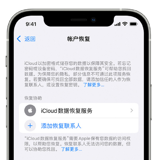 江岸苹果手机维修分享在 iPhone 上设置帐户恢复联系人的方法 