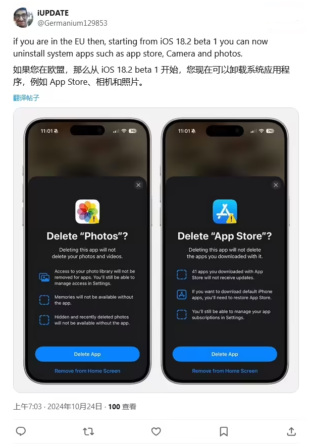 江岸苹果手机维修分享iOS 18.2 支持删除 App Store 应用商店 